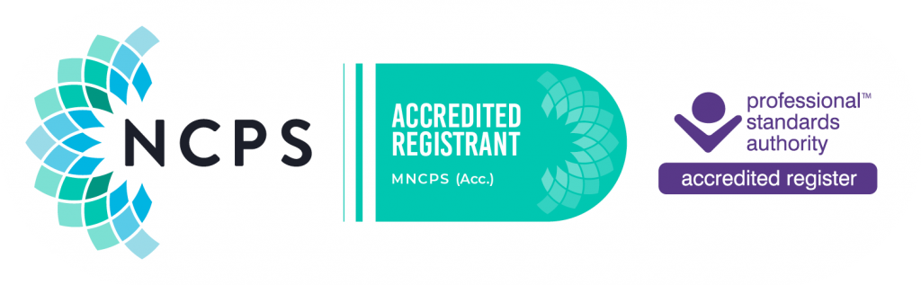 NCPS company logo: The words say NCPS Accredited Registrant. Professional Standards Authority Accredited Register.