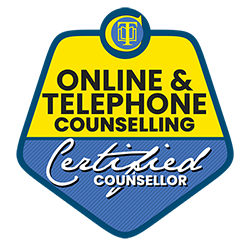 A badge saying Online and telephone counselling certified counsellor with the training provider company logo- Counselling Tutor.